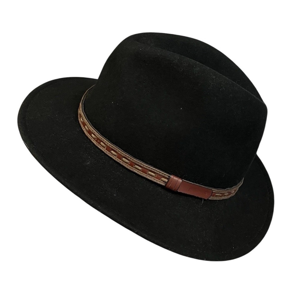 Scala Hat Mens XL Western Outback Black Wool Felt Brown Leather Band Ranch